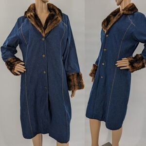 Vintage 1990s y2k Terry Lewis Denim Trench Coat Faux Fur Collar Duster Jacket S